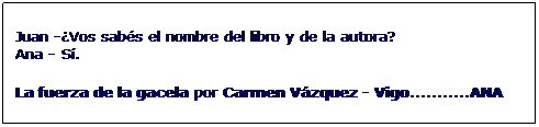 Cuadro de texto: Juan -�Vos sab�s el nombre del libro y de la autora?
Ana - S�.
La fuerza de la gacela por Carmen V�zquez - Vigo...........ANA
&nbsp;

